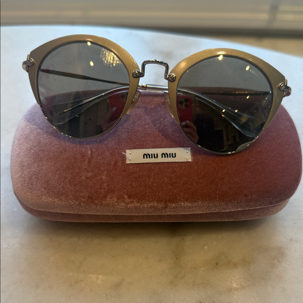 Nib Miu Miu Gold Metal Round Sunglasses With Brown Lenses